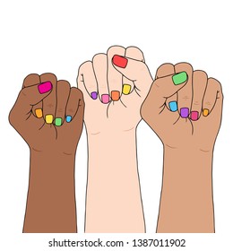 Feminism symbol. Fighting fist of a woman. Lovely vector illustration. Fight for the rights and equality. With lgbt rainbow polished nails.