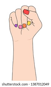 Feminism symbol. Fighting fist of a woman. Lovely vector illustration. Fight for the rights and equality. With lgbt rainbow polished nails.