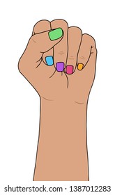 Feminism symbol. Fighting fist of a woman. Lovely vector illustration. Fight for the rights and equality. With LGBT rainbow polished nails. Women of color. Queer, lesbian. 