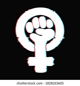 Feminism symbol with glitch effect. Vector trendy illustration. Feminist print design for t-shirt