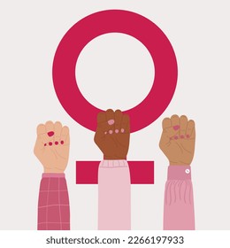 Feminism symbol poster. Diverse female raised fists with a Venus symbol. Women s liberation movement. Girl power, fight for equality, feminism, sisterhood concept. Hand drawn vector illustration.