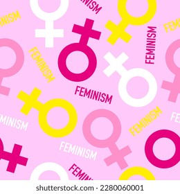 Símbolo de feminismo con patrón de texto sin fisuras. Un diseño plano icónico de Símbolo Feminismo con texto sobre fondo rosado. Bueno para envolver papel, papel de pared, ropa.