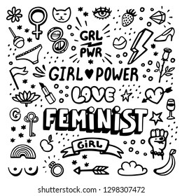 Feminism symbols icon set. Feminist movement, protest, girl power. Black and white Vector illustration