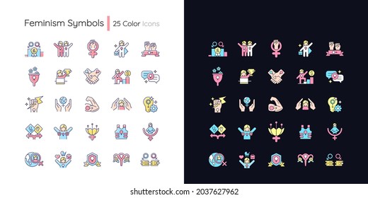 Feminism symbols light and dark theme RGB color icons set. Supporting equal rights for women. Girl power. Isolated vector illustrations on white and black space. Simple filled line drawings pack
