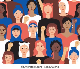 Feminism texture, woman seamless pattern. Flat vector stock illustration. Concept for international women's day, feminist community, women's rights. Different ethnicity, old, young, Afro
