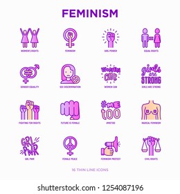 Feminism Thin Line Icons Set: Women's Rights, Girl Power, Gender Equality, Sex Dicrimination, Me Too, Protest, Girls Are Strong. Modern Vector Illustration.