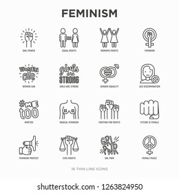 Feminism Thin Line Icons Set: Women's Rights, Girl Power, Gender Equality, Sex Dicrimination, Me Too, Protest, Girls Are Strong. Modern Vector Illustration.