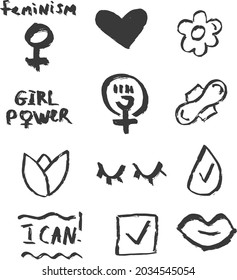 Feminism Thin Line Icons Set: Women's Rights, Girl Power, Gender Equality, Sex Discrimination, Me Too, Protest, Girls Are Strong. Modern Vector Illustration. Grange Style
