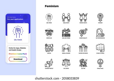 Feminism Thin Line Icons Set: Women's Rights, Girl Power, Gender Equality, Sex Dicrimination, Me Too, Protest, Girls Are Strong. Modern Vector Illustration.