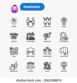 Feminism Thin Line Icons Set: Women's Rights, Girl Power, Gender Equality, Sex Dicrimination, Me Too, Protest, Girls Are Strong. Modern Vector Illustration.