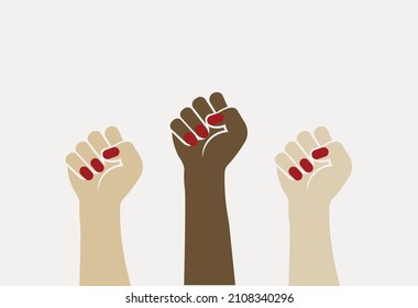 Feminism, tolerance, woman fists raised in the air simple vector illustration