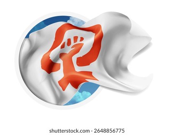 feminismo, vetor 3d bandeira contra um céu azul, através de um buraco redondo em um fundo branco