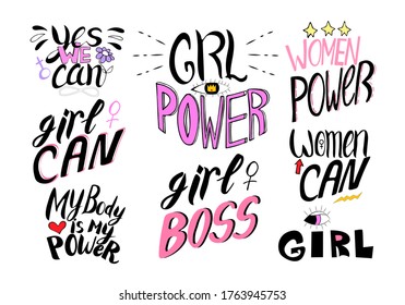 Feminism vector icon set. Hand lettering quotes.Girl power, girl boss,Woman can.