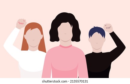 Feminism. Vector illustration in flat design. Three different women standing together and raising up their hands