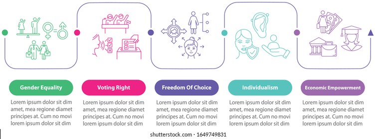 Plantilla infográfica vectorial del feminismo. Elementos de diseño de la presentación del empoderamiento económico y social de la mujer. Visualización de datos con 5 pasos. Diagrama de la escala de tiempo del proceso. Diseño de flujo de trabajo con iconos lineales