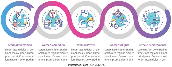 Feminism vector infographic template. Women power and achievement presentation design elements. Data visualization with 5 steps. Process timeline chart. Workflow layout with linear icons