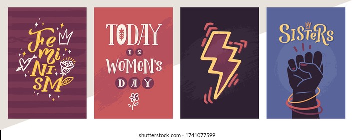 Feminism Vector Poster Set. Girl Power and Sisterhood. Hand lettering quotes. Clenched fist and struggle. Woman textile t-shirt design. Female hand drawn brush graphic vector illustration