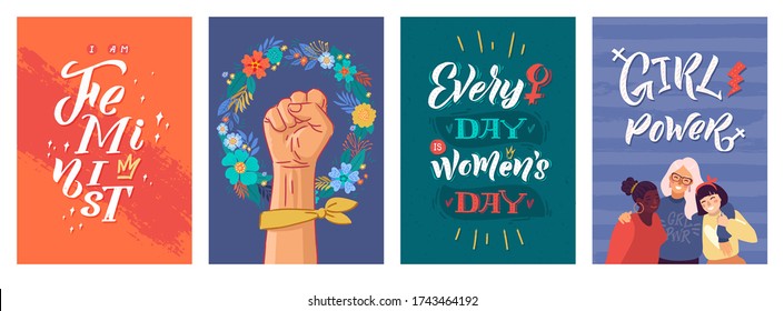 Feminism Vector Poster Set. Girl Power and Sisterhood. Hand lettering quotes. Clenched fist and struggle. Woman textile t-shirt design. Female hand drawn brush graphic vector illustration