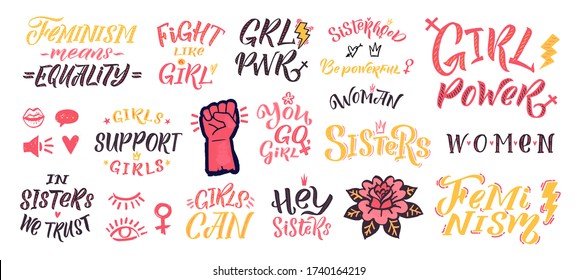 Feminism vector quote and icon set. Hand lettering quotes. Feminist sticker elements on white  background. Woman textile t-shirt design. Female hand drawn brush graphic vector illustration