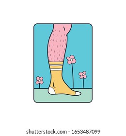 Feminism vector stock illustration. Foot in a sock on the grass with flowers illustration. Hairy female foot in a sock in nature.