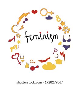 Feminism vector text, slogan. Black lettering with red hearts for fashion, t shirts, posters and wall art. Handwritten. EPS 10.
