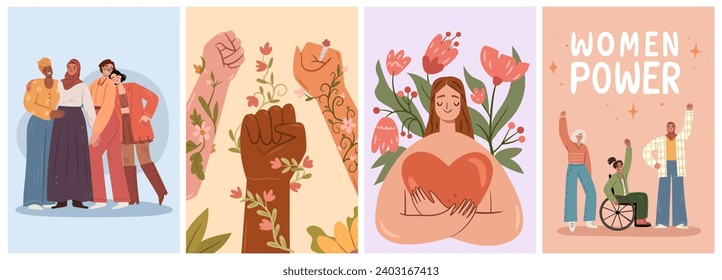 Feminismo y empoderamiento de la mujer, igualdad de género y diversidad. Carteles vectoriales o pancartas con mujeres, grupos de niñas unidas con flores. Manos alzadas y corazón abrasador, decoración de ramos