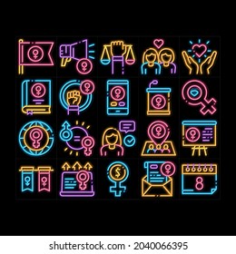 Feminism Woman Power neon light sign vector. Glowing bright icon  Feminism Symbol On Flag And Gps Mark, Lesbians And Hand Hold Scales, Equality And Love Illustrations