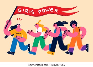 Feminism, women rights and power concept. Group of young girls friends running smiling holding flag with girls power lettering feeling confident vector illustration 