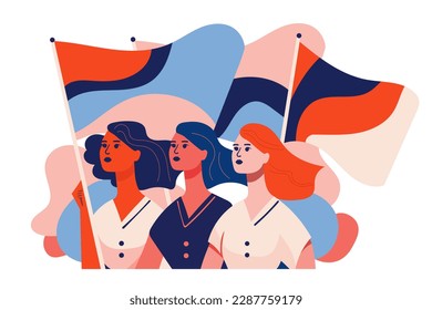 Feminism, women rights and power concept. Group of young girls friends holding flags. Vector illustration in modern flat style on white