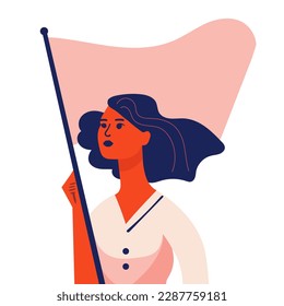 Feminismo, derechos de la mujer y poder. Niña joven con bandera en fondo blanco. Moderno estilo plano sobre blanco