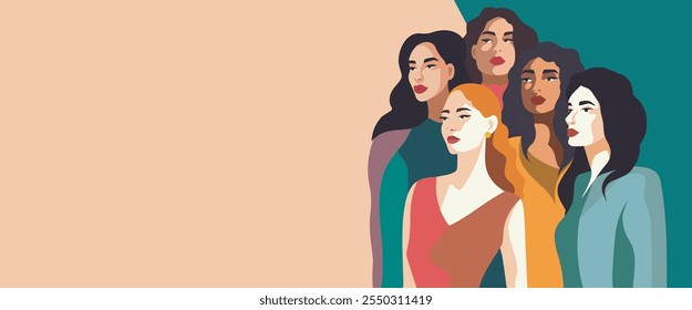 Feminismo. Dia da Mulher. Trendy plana ilustração mulheres fortes ficar juntos. Empoderamento feminino. Igualdade de gênero. Estilo plano de banner de vetor com local para texto