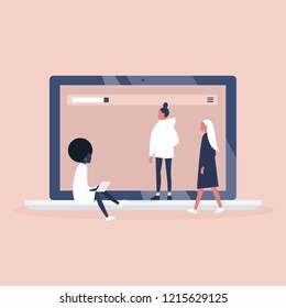 Feminism. Women's platform. Website. Female community. Laptop screen. Digital project for girls. Flat editable vector illustration, clip art