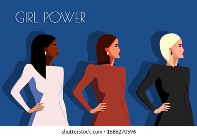 Feminism. Women's feminism, the power of women, African American girl and Latino girl, white girl. Girl power