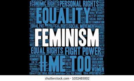 Feminism word cloud on a black background. 