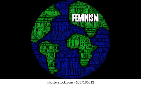 Feminism word cloud on a black background. 