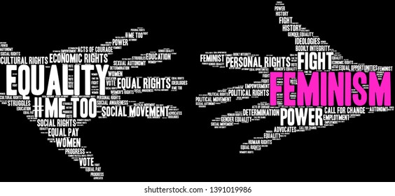 Feminism word cloud on a black background. 