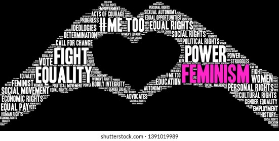 Feminism word cloud on a black background. 