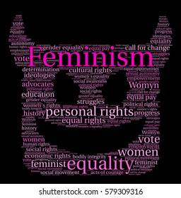 Feminism word cloud on a black background.  