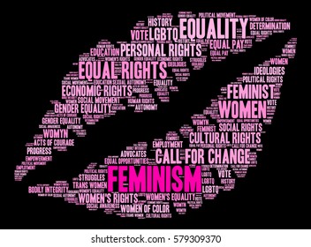 Feminism word cloud on a black background.  