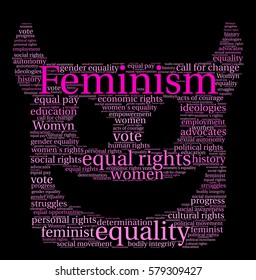 Feminism word cloud on a black background.  