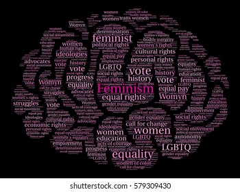 Feminism word cloud on a black background.  