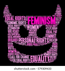 Feminism word cloud on a black background.  