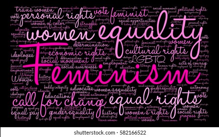 Feminism word cloud on a black background.  