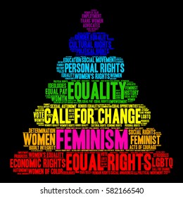 Feminism word cloud on a black background.  