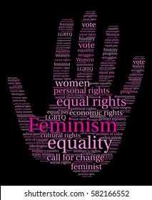 Feminism word cloud on a black background.  