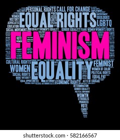 Feminism word cloud on a black background.  