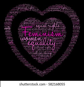 Feminism word cloud on a black background.  
