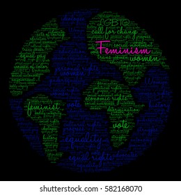Feminism word cloud on a black background.  