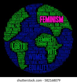 Feminism word cloud on a black background.  