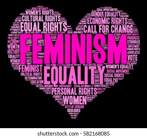 Feminism word cloud on a black background.  